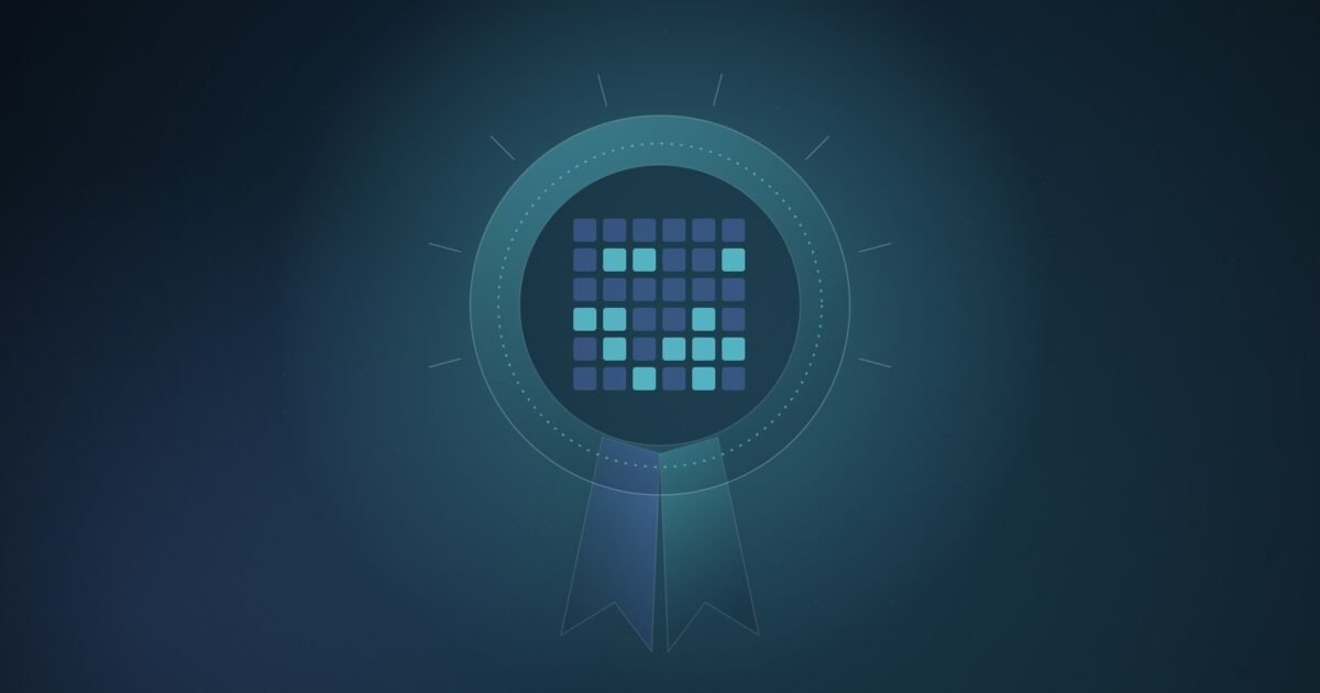 Abstract illustration of a round medal with ribbon tails whose centre is a grid of glowing chip cores, on a deep teal gradient