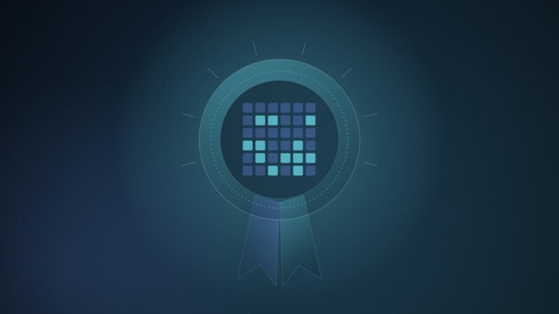 Abstract illustration of a round medal with ribbon tails whose centre is a grid of glowing chip cores, on a deep teal gradient