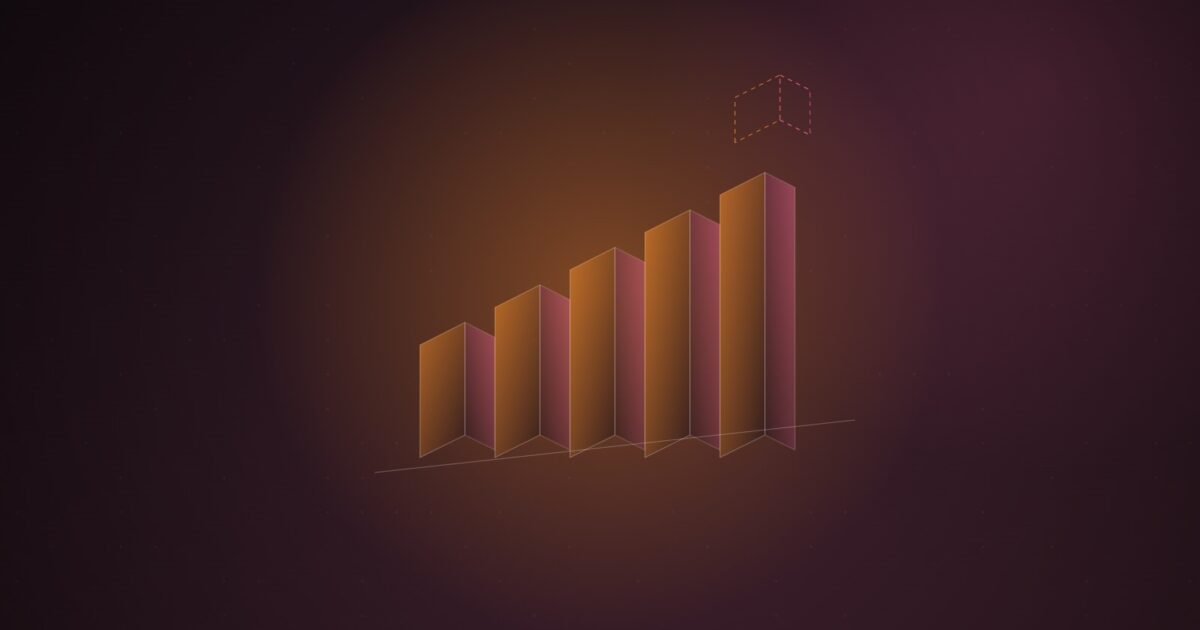 Abstract illustration of five rising translucent columns with an empty dashed block floating above the tallest, orange and pink on a dark burgundy gradient