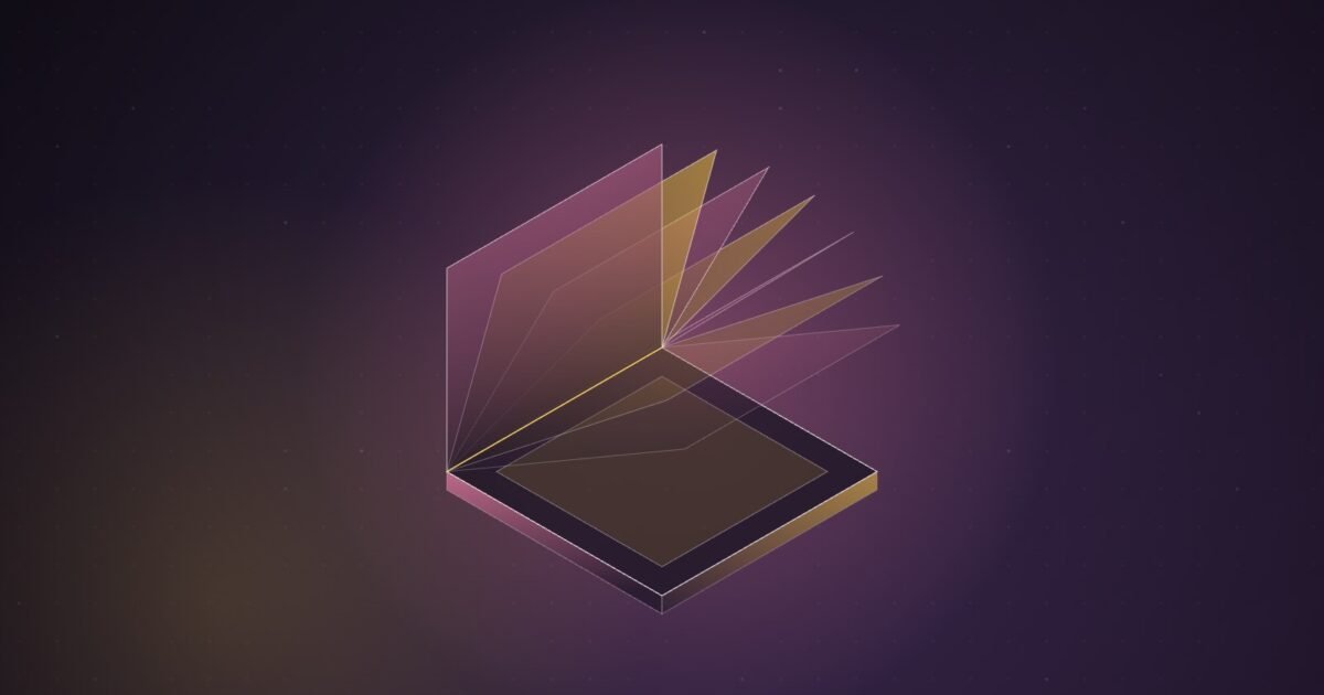 Abstract illustration of a flat isometric slab with a fan of thin translucent pink and yellow panels lifting from one edge like turning pages, on a dark violet gradient
