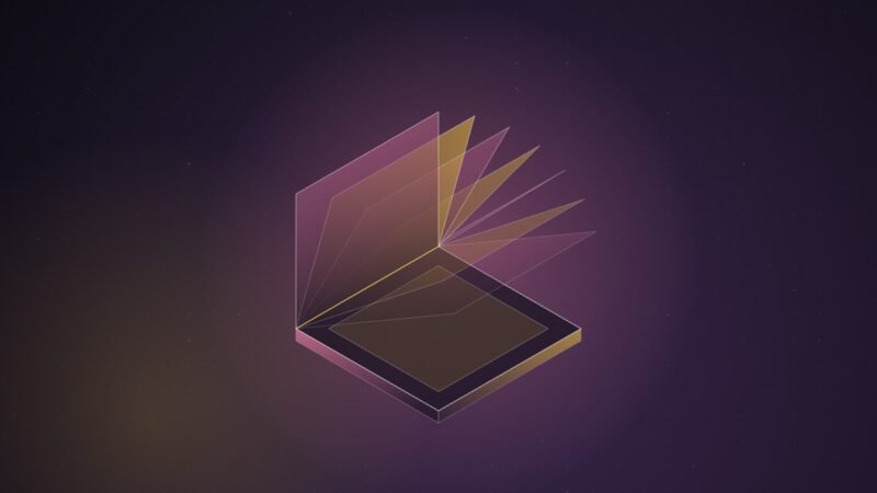 Abstract illustration of a flat isometric slab with a fan of thin translucent pink and yellow panels lifting from one edge like turning pages, on a dark violet gradient