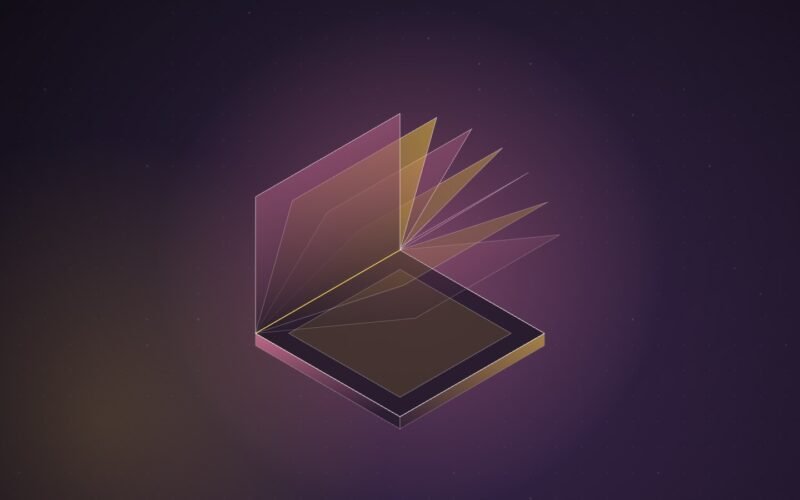 Abstract illustration of a flat isometric slab with a fan of thin translucent pink and yellow panels lifting from one edge like turning pages, on a dark violet gradient