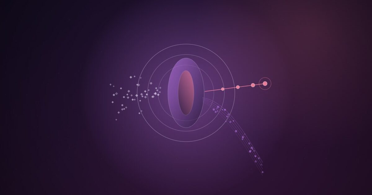Abstract illustration of small violet particles converging on a glowing vertical lens inside concentric rings; most leave in a faint stream curving downward while a thin bright pink line of dots continues straight ahead, on a dark purple gradient