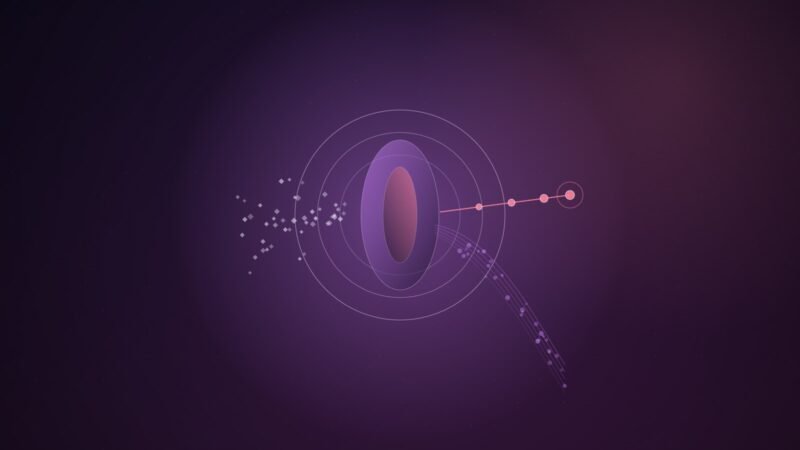 Abstract illustration of small violet particles converging on a glowing vertical lens inside concentric rings; most leave in a faint stream curving downward while a thin bright pink line of dots continues straight ahead, on a dark purple gradient