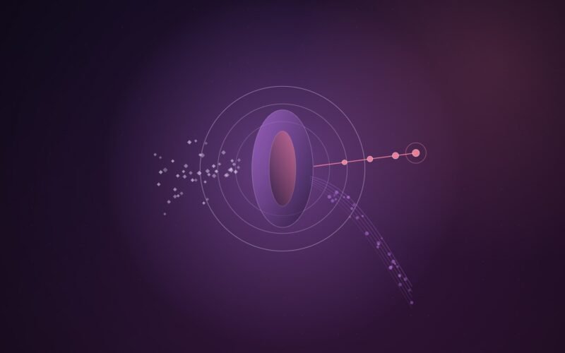 Abstract illustration of small violet particles converging on a glowing vertical lens inside concentric rings; most leave in a faint stream curving downward while a thin bright pink line of dots continues straight ahead, on a dark purple gradient