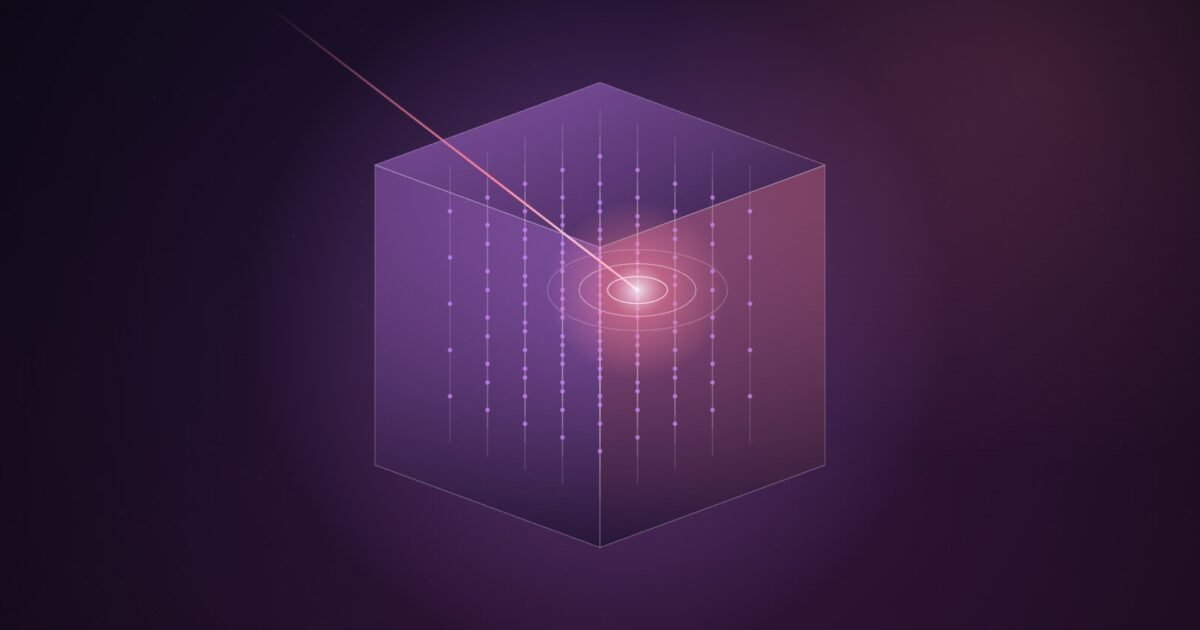 Abstract illustration of a translucent violet isometric cube threaded with vertical strings of glowing sensor dots, with a pink streak entering from the upper left and ending in a bright flash ringed by concentric ellipses