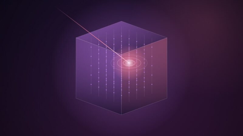 Abstract illustration of a translucent violet isometric cube threaded with vertical strings of glowing sensor dots, with a pink streak entering from the upper left and ending in a bright flash ringed by concentric ellipses