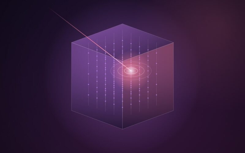 Abstract illustration of a translucent violet isometric cube threaded with vertical strings of glowing sensor dots, with a pink streak entering from the upper left and ending in a bright flash ringed by concentric ellipses