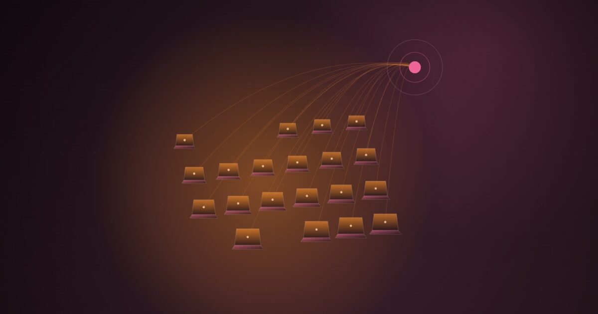 Abstract illustration of rows of glowing amber laptop shapes, each wired by a thin curved line to a single pink node in the upper right