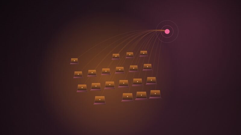 Abstract illustration of rows of glowing amber laptop shapes, each wired by a thin curved line to a single pink node in the upper right