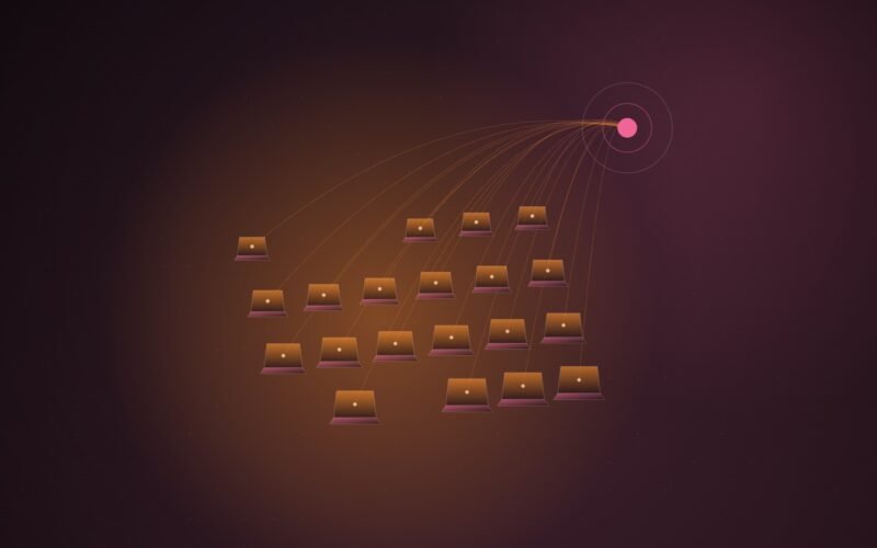 Abstract illustration of rows of glowing amber laptop shapes, each wired by a thin curved line to a single pink node in the upper right