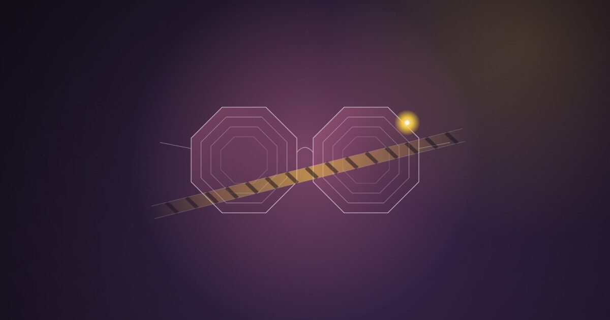 Abstract illustration of a pair of geometric lens rings with a small glowing recording dot, crossed by a soft barrier band, over a pink and gold gradient