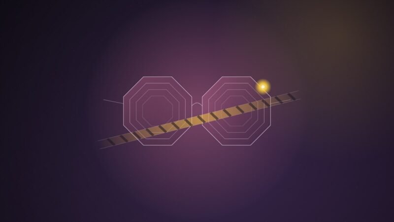 Abstract illustration of a pair of geometric lens rings with a small glowing recording dot, crossed by a soft barrier band, over a pink and gold gradient