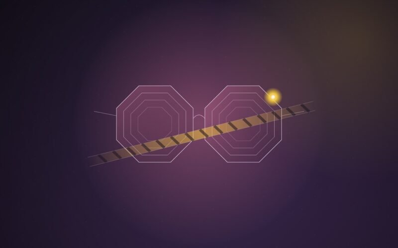 Abstract illustration of a pair of geometric lens rings with a small glowing recording dot, crossed by a soft barrier band, over a pink and gold gradient