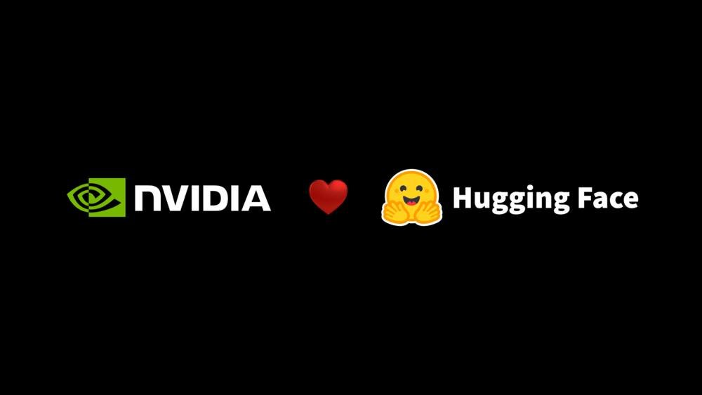 Nvidia and Hugging Face logos joined by a heart on a black background
