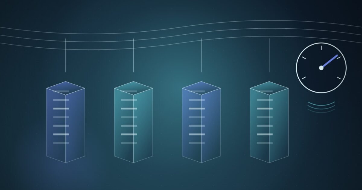 Illustration: a power substation whose transformers are server racks, beside a fast-spinning power meter.