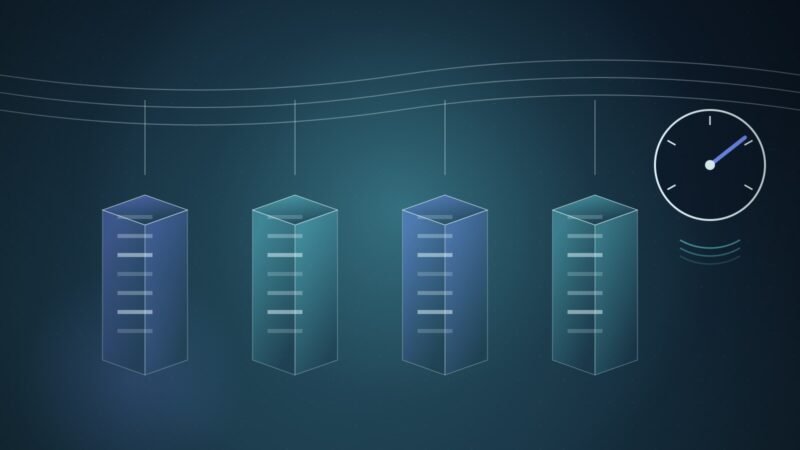 Illustration: a power substation whose transformers are server racks, beside a fast-spinning power meter.