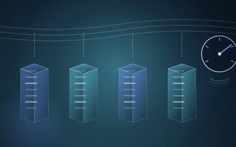 Illustration: a power substation whose transformers are server racks, beside a fast-spinning power meter.