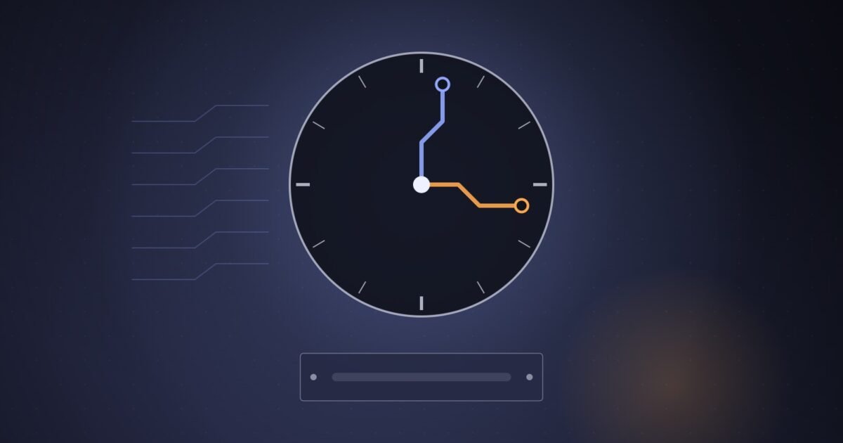 Illustration: a clock with circuit-trace hands above an empty nameplate.