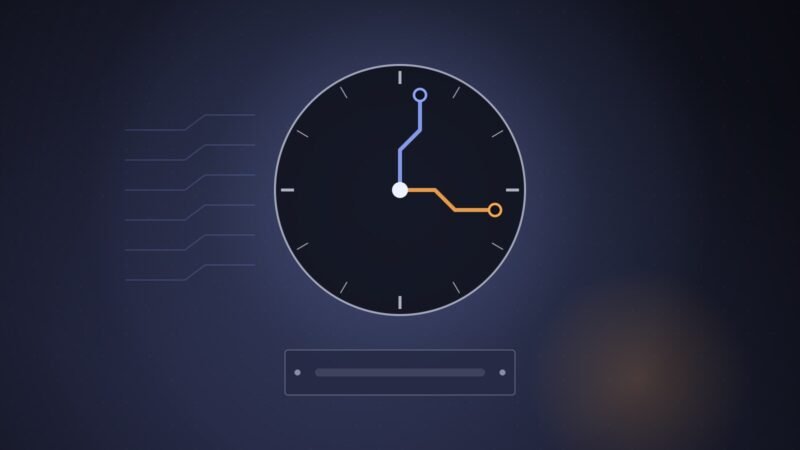 Illustration: a clock with circuit-trace hands above an empty nameplate.