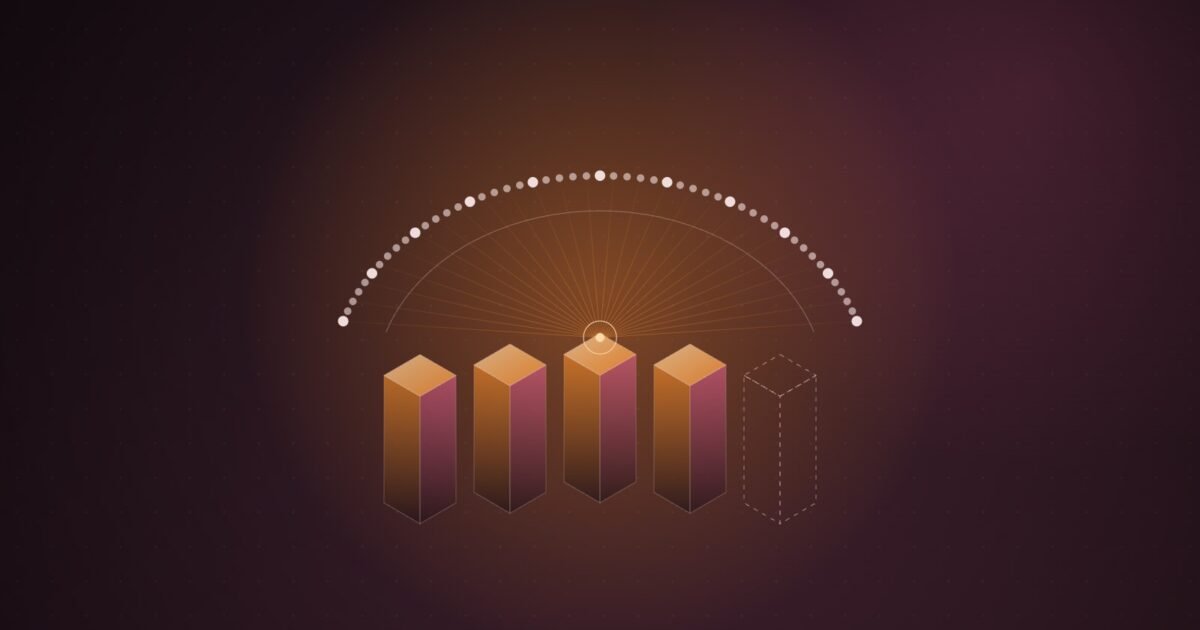 Abstract illustration of an arc of 51 glowing dots, like council seats, converging on four orange isometric columns beside a fifth, empty dashed outline.