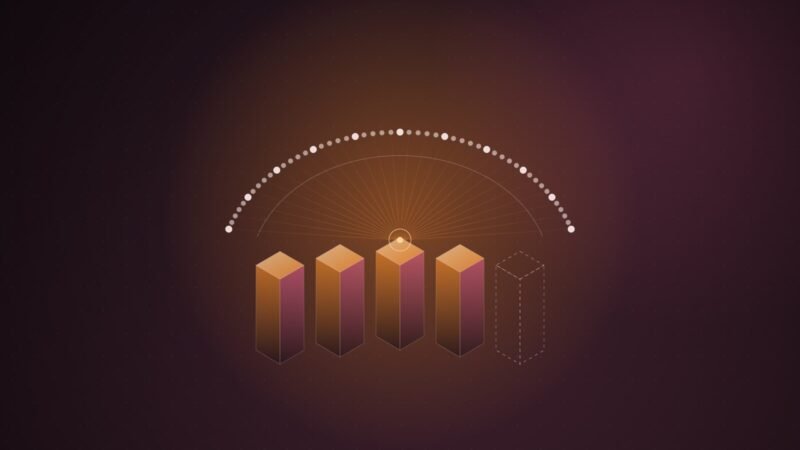 Abstract illustration of an arc of 51 glowing dots, like council seats, converging on four orange isometric columns beside a fifth, empty dashed outline.