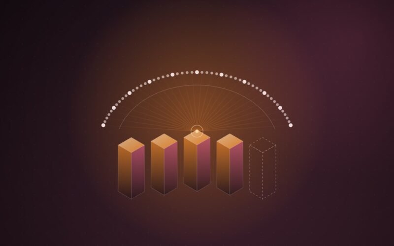 Abstract illustration of an arc of 51 glowing dots, like council seats, converging on four orange isometric columns beside a fifth, empty dashed outline.