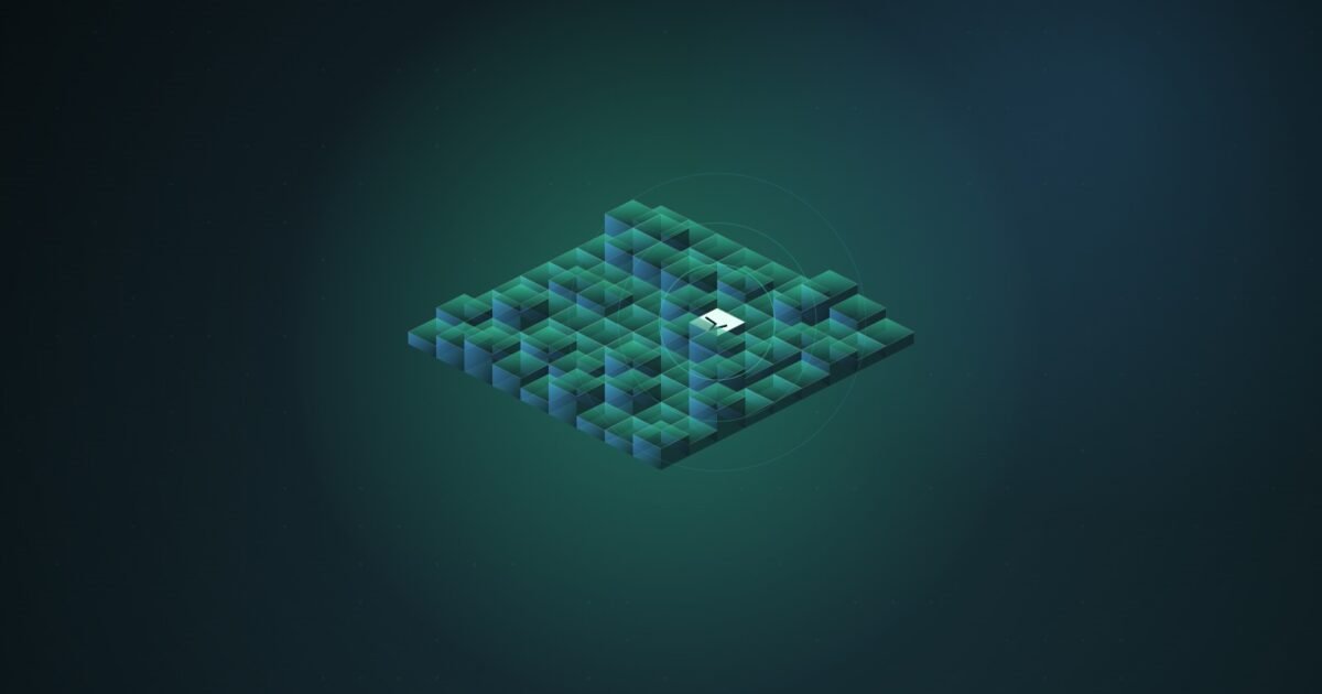 Abstract illustration of an isometric grid of teal blocks with one cracked white tile glowing at its centre, ringed by faint circles