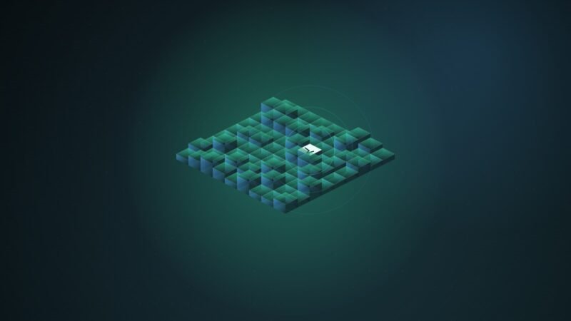 Abstract illustration of an isometric grid of teal blocks with one cracked white tile glowing at its centre, ringed by faint circles