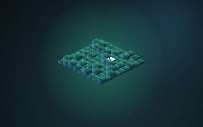 Abstract illustration of an isometric grid of teal blocks with one cracked white tile glowing at its centre, ringed by faint circles