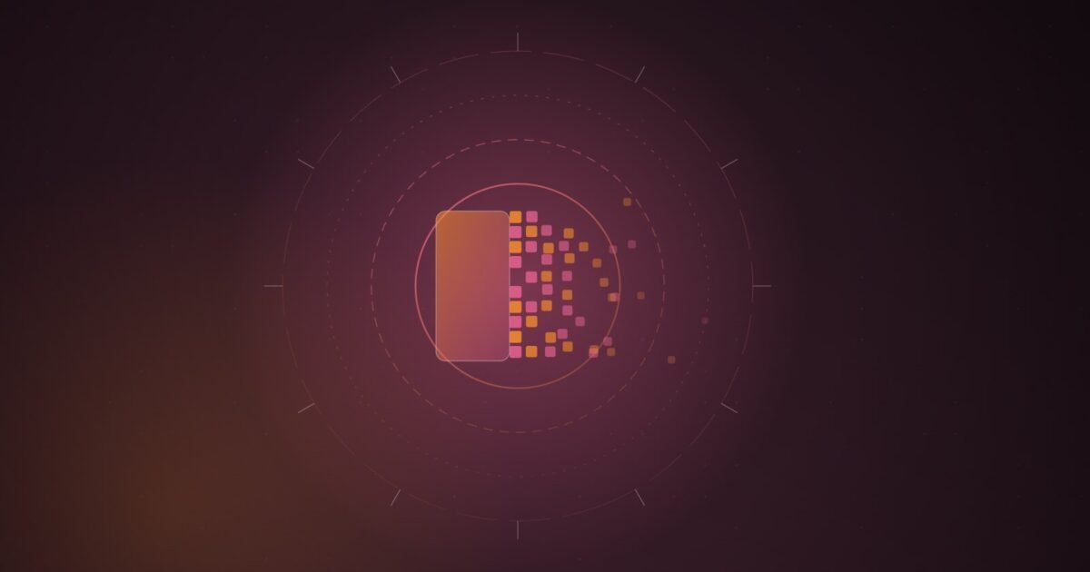 Abstract illustration of a glowing rounded card dissolving into scattered orange and pink squares, centred inside concentric dashed rings like a lens