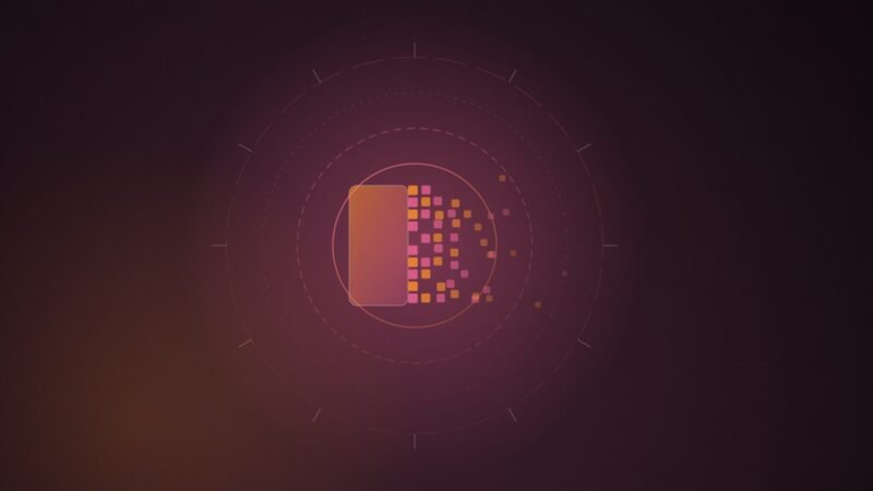 Abstract illustration of a glowing rounded card dissolving into scattered orange and pink squares, centred inside concentric dashed rings like a lens