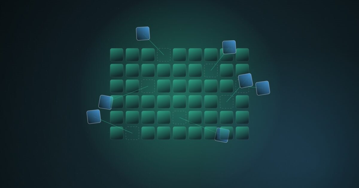 Abstract illustration of a grid of glowing number tiles, a scattered handful lifted out of place and trailing thin lines toward the edge of the frame