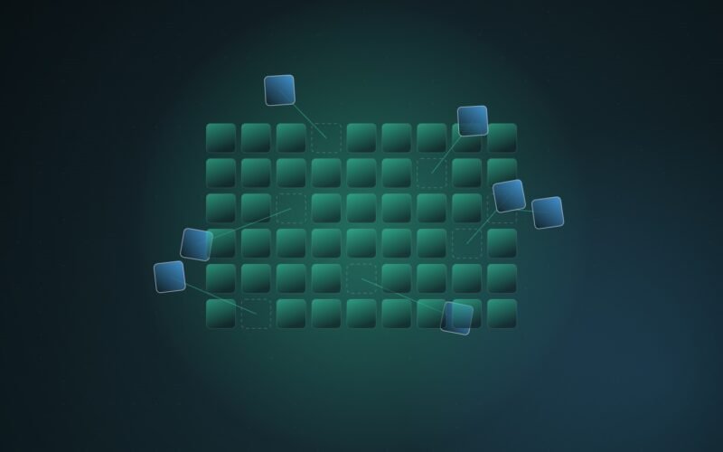 Abstract illustration of a grid of glowing number tiles, a scattered handful lifted out of place and trailing thin lines toward the edge of the frame
