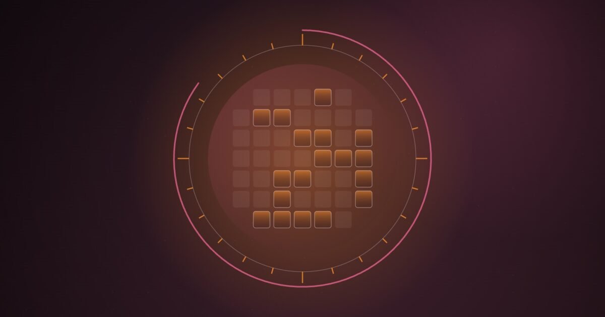 Abstract illustration of a clock ring with 24 orange ticks and a pink sweep arc around a grid of tiles, some still lit, on a dark burgundy background