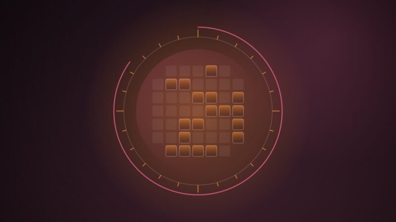 Abstract illustration of a clock ring with 24 orange ticks and a pink sweep arc around a grid of tiles, some still lit, on a dark burgundy background
