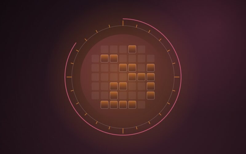 Abstract illustration of a clock ring with 24 orange ticks and a pink sweep arc around a grid of tiles, some still lit, on a dark burgundy background