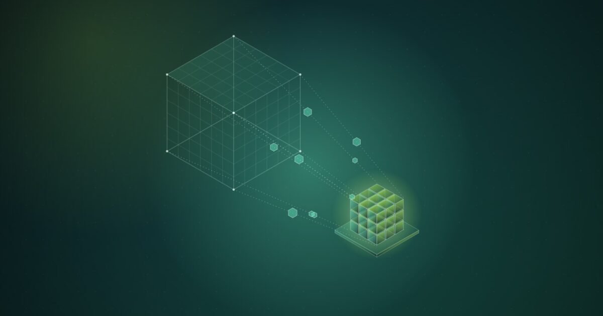 Abstract illustration: a large wireframe cube compressed into a small dense block of cubes