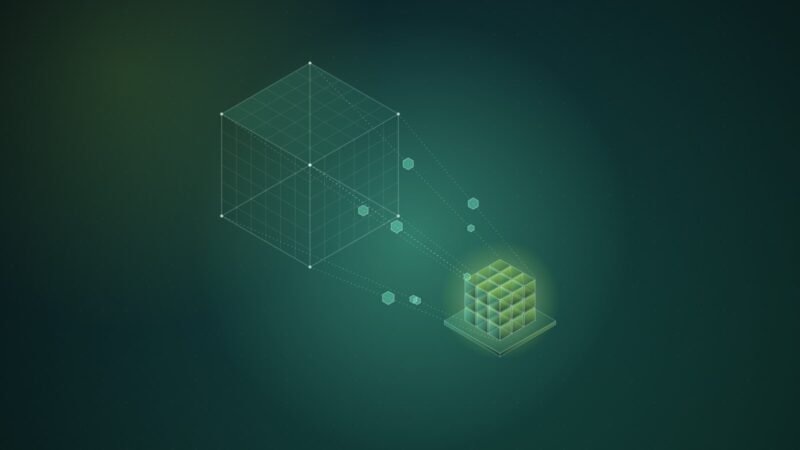 Abstract illustration: a large wireframe cube compressed into a small dense block of cubes