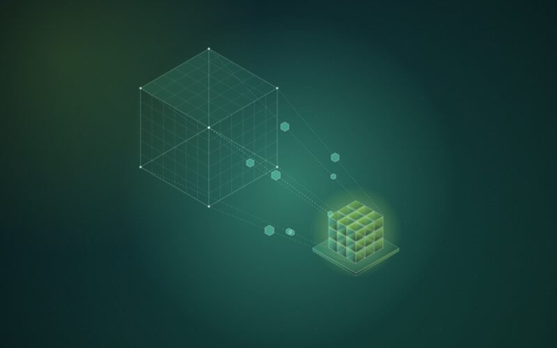 Abstract illustration: a large wireframe cube compressed into a small dense block of cubes