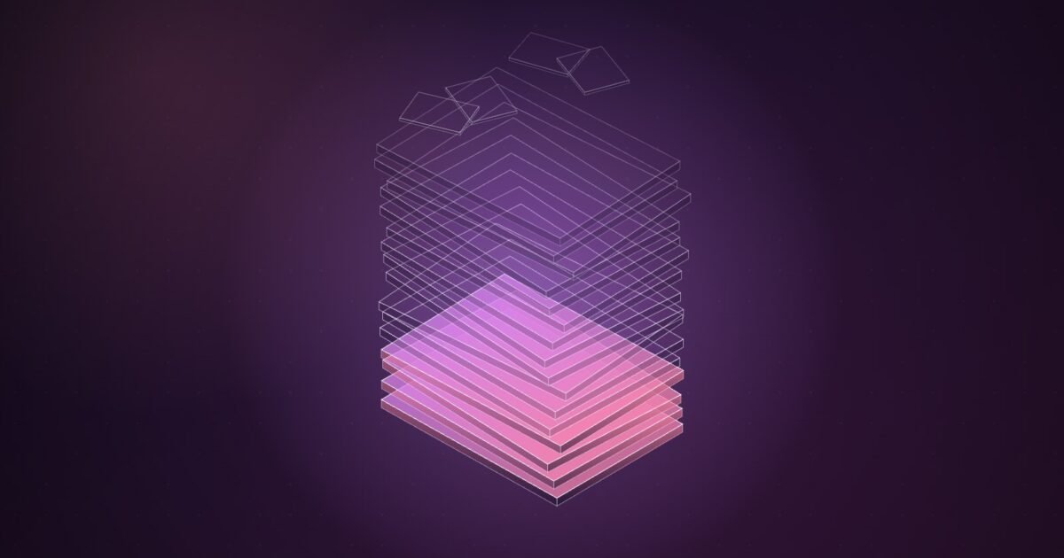 Abstract illustration of a tall isometric stack of thin translucent slabs; only the bottom few glow solid pink, while the rest are faint outlines and loose sheets drift off the top, on a deep purple background.