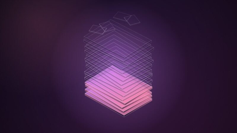 Abstract illustration of a tall isometric stack of thin translucent slabs; only the bottom few glow solid pink, while the rest are faint outlines and loose sheets drift off the top, on a deep purple background.