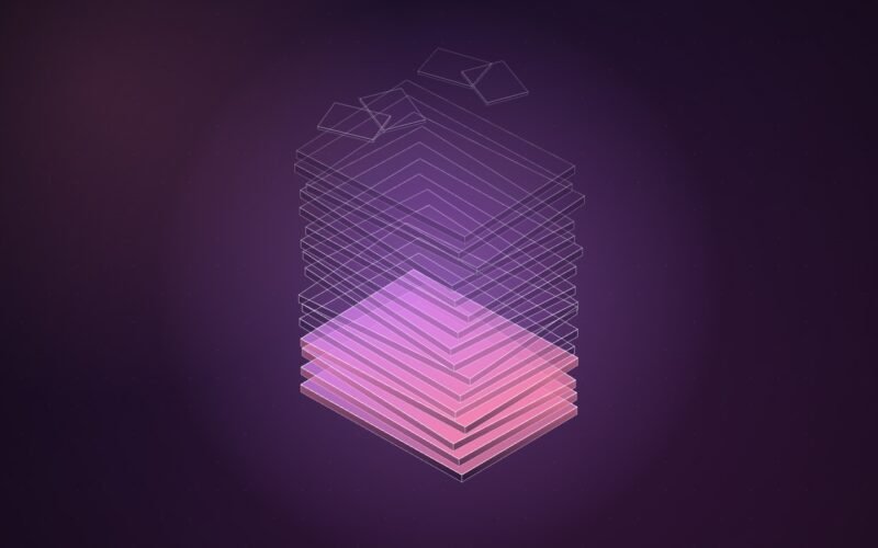 Abstract illustration of a tall isometric stack of thin translucent slabs; only the bottom few glow solid pink, while the rest are faint outlines and loose sheets drift off the top, on a deep purple background.