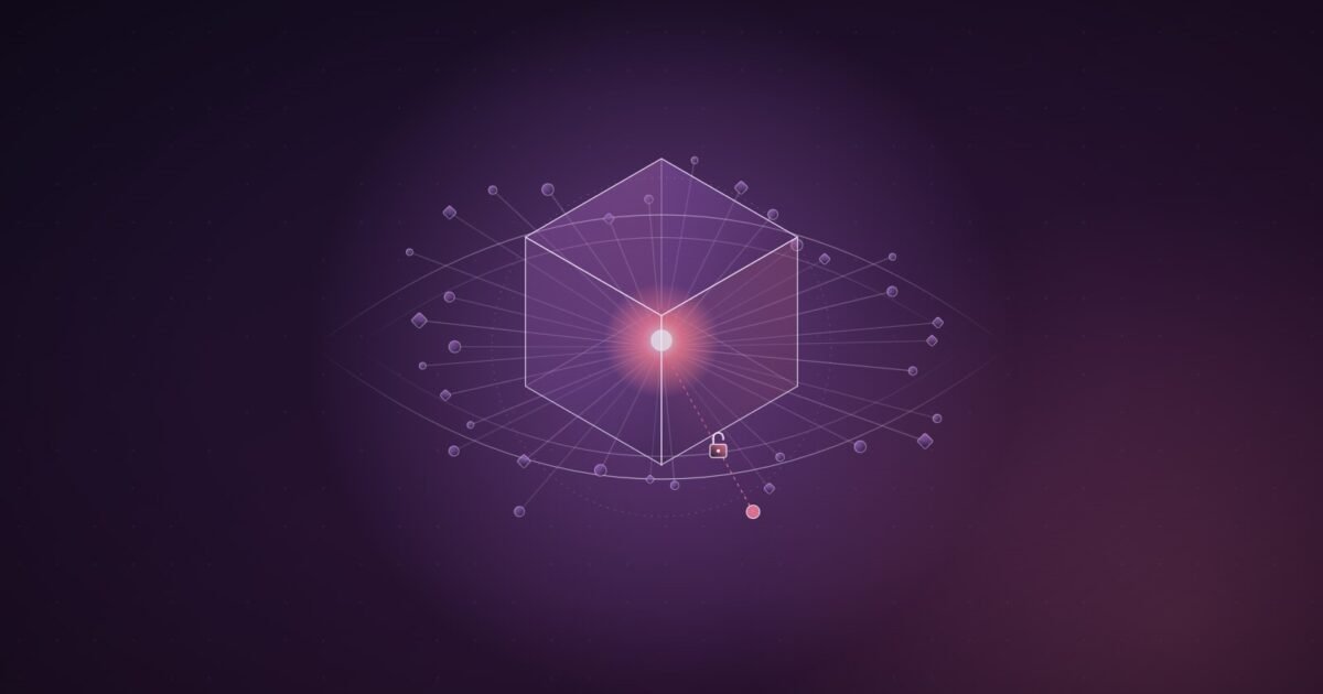 Abstract illustration: a glowing dot inside a translucent cube, threaded by lines to dozens of small nodes, framed by a faint eye-shaped aperture on a dark violet field.