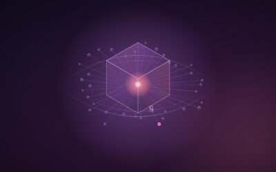 Abstract illustration: a glowing dot inside a translucent cube, threaded by lines to dozens of small nodes, framed by a faint eye-shaped aperture on a dark violet field.