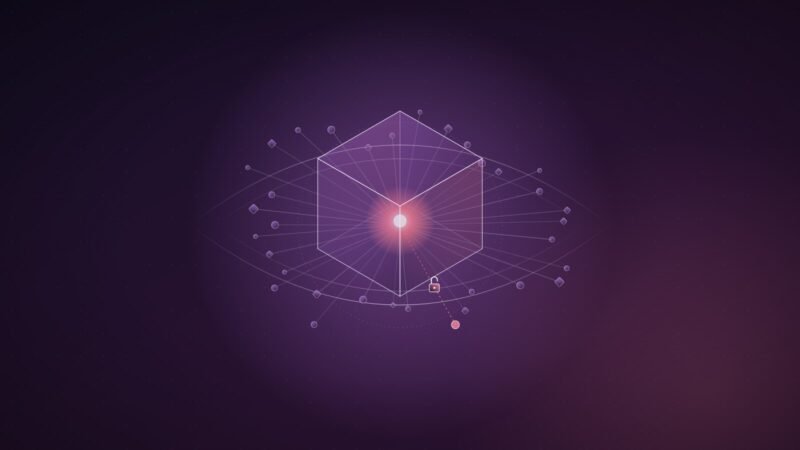 Abstract illustration: a glowing dot inside a translucent cube, threaded by lines to dozens of small nodes, framed by a faint eye-shaped aperture on a dark violet field.