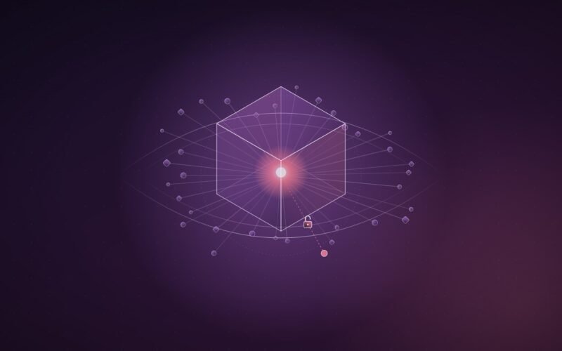 Abstract illustration: a glowing dot inside a translucent cube, threaded by lines to dozens of small nodes, framed by a faint eye-shaped aperture on a dark violet field.