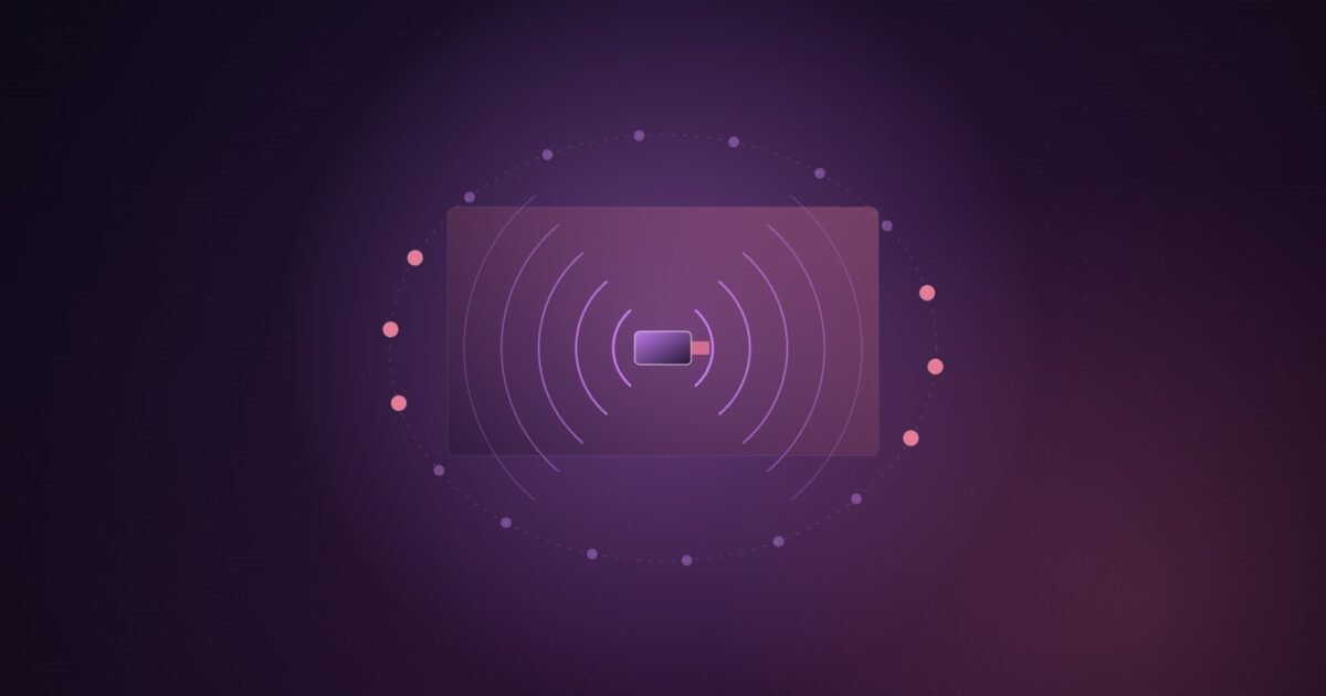 Abstract illustration of concentric sound-wave arcs radiating from a small hidden rectangle and being caught by a ring of sensor points