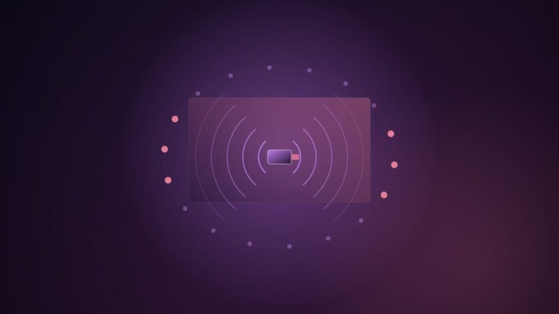 Abstract illustration of concentric sound-wave arcs radiating from a small hidden rectangle and being caught by a ring of sensor points