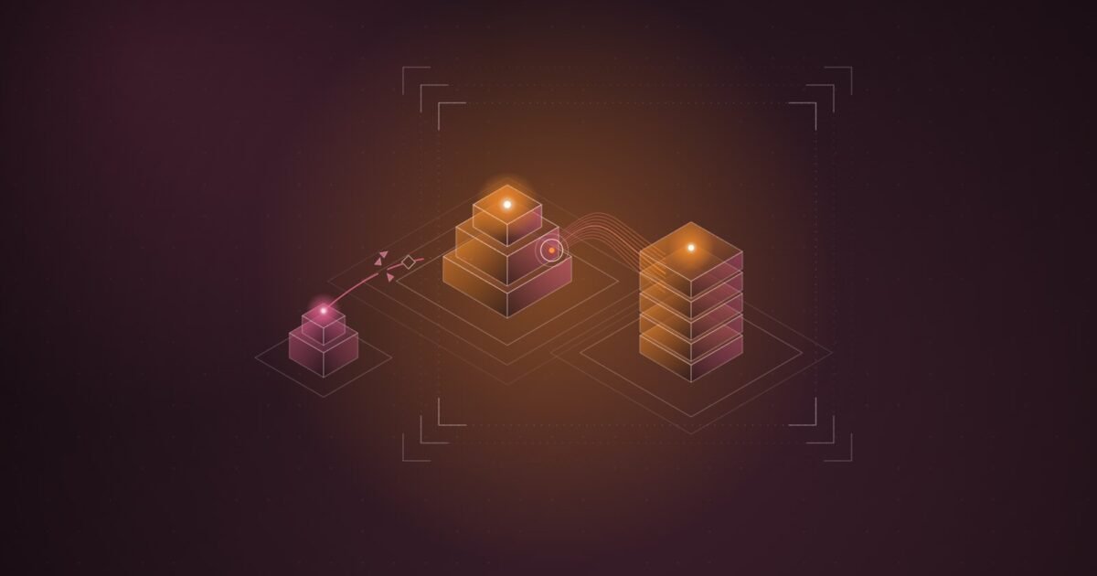 Abstract illustration: a hub locked to a large stack while a smaller tether breaks, framed by review brackets